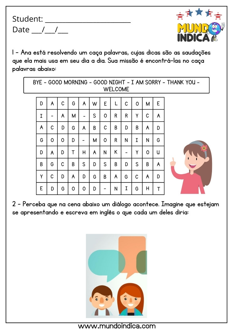 Atividade de Inglês 6 Ano com Saudações, Diálogo e Caça-Palavras para Imprimir