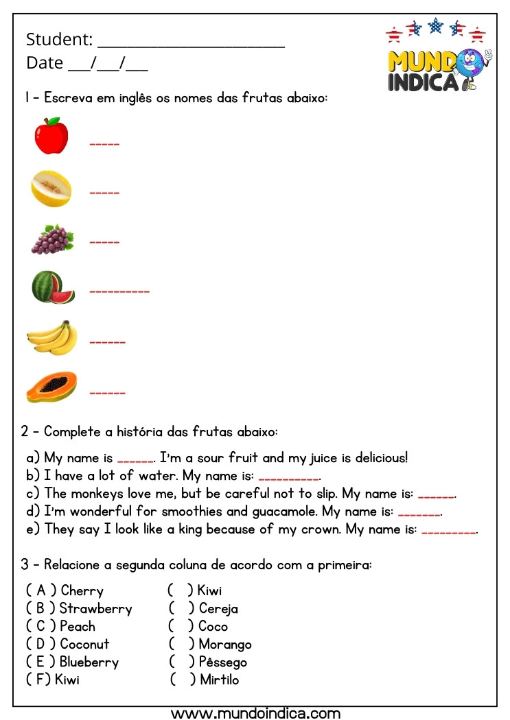 Atividade de Inglês 7 Ano com Frutas para Imprimir