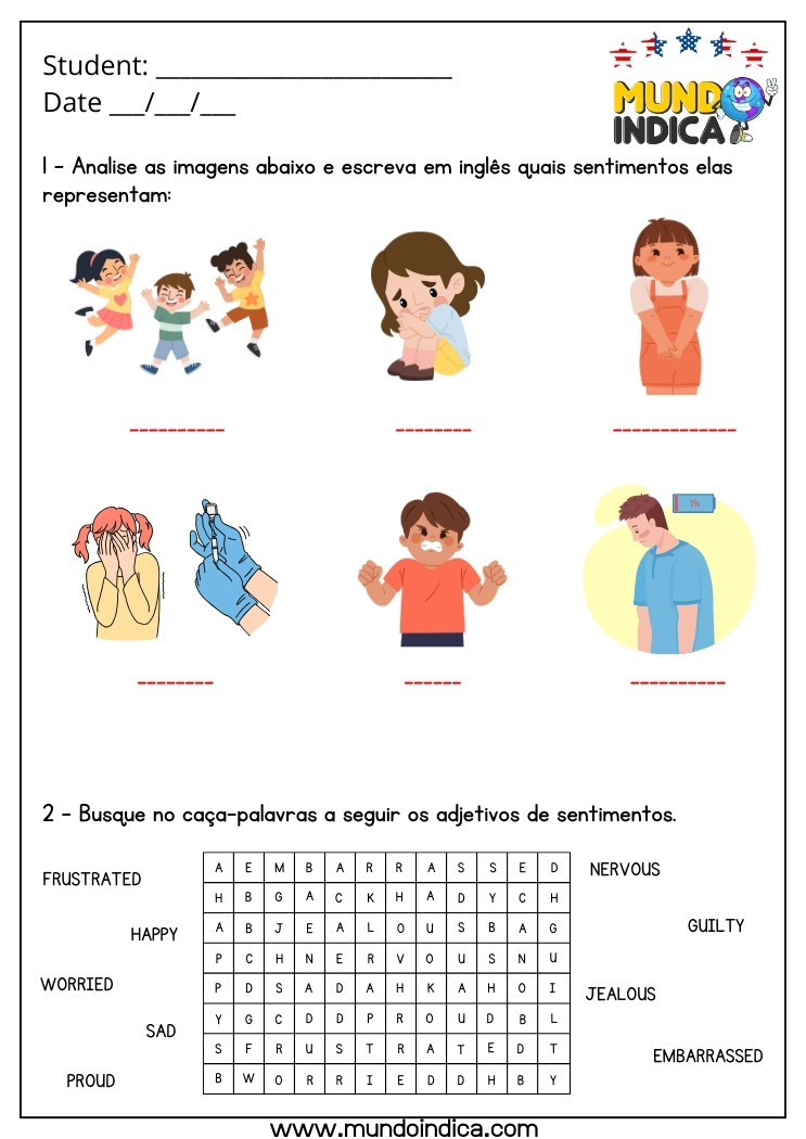 Atividade de Inglês 7 Ano com Sentimentos e Caça-Palavras para Imprimir