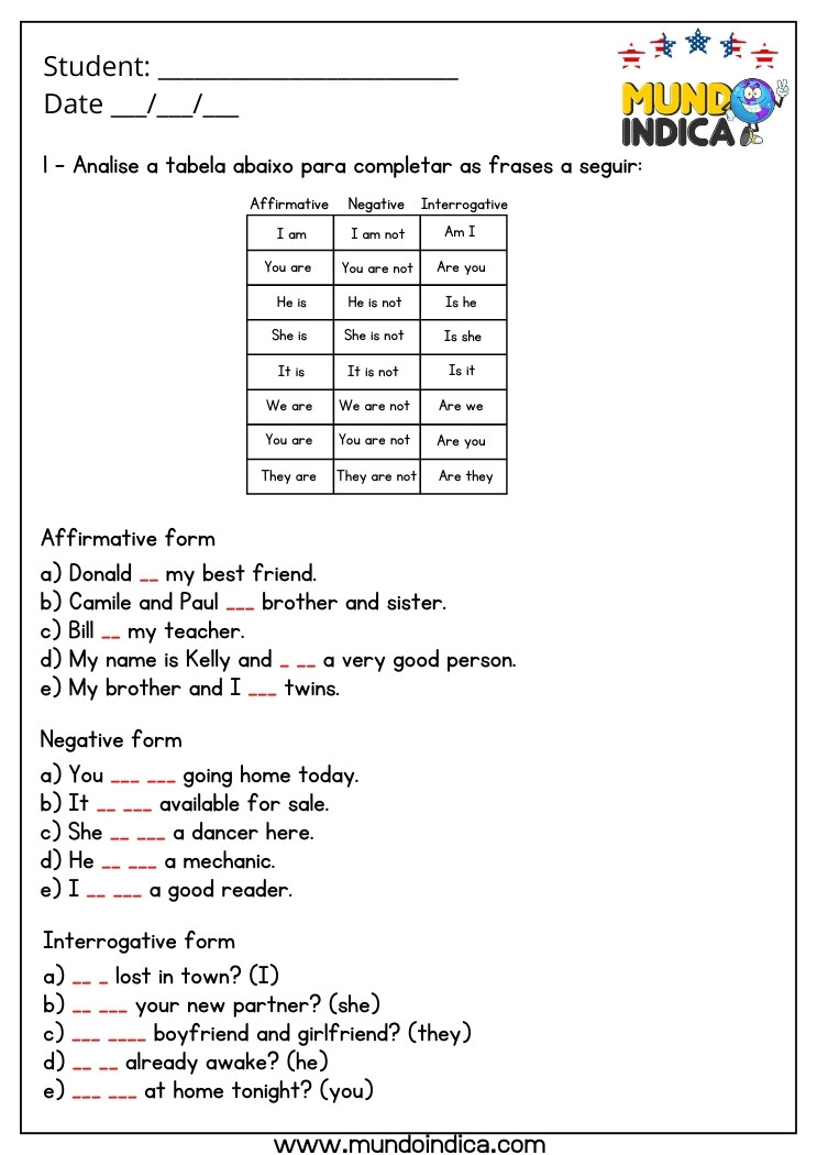 Atividade de Inglês 7 Ano com as Formas Afirmativa, Negativa e Interrogativa para Imprimir