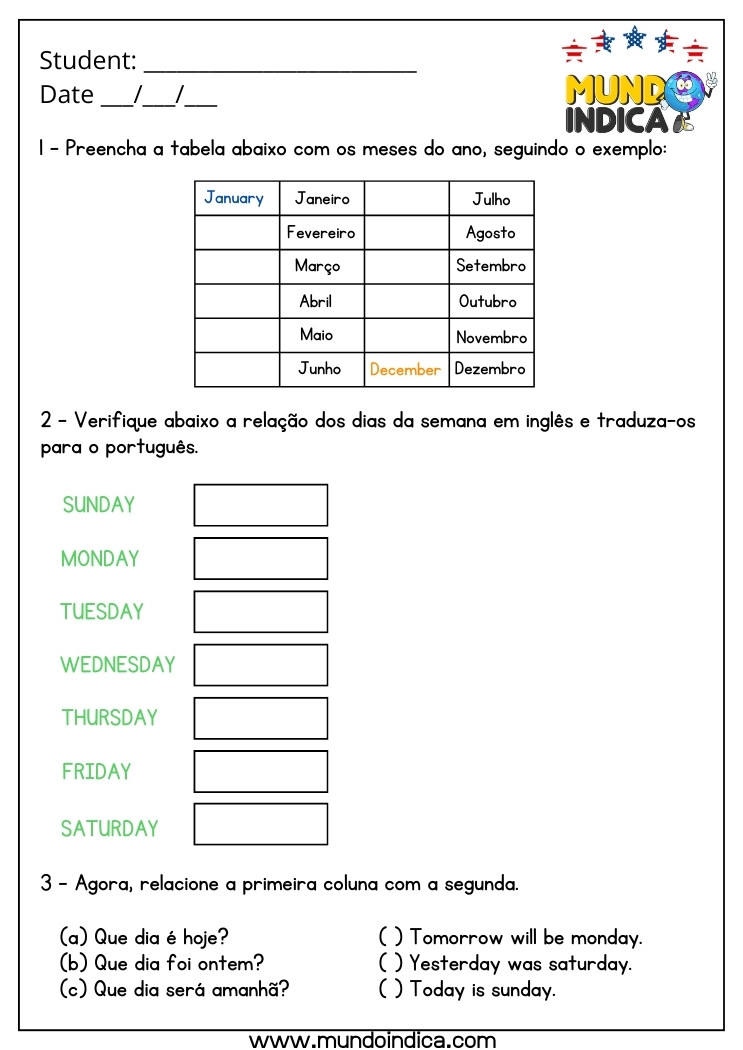 Atividade de Inglês 7 Ano com os Dias da Semana e Meses do Ano para Imprimir