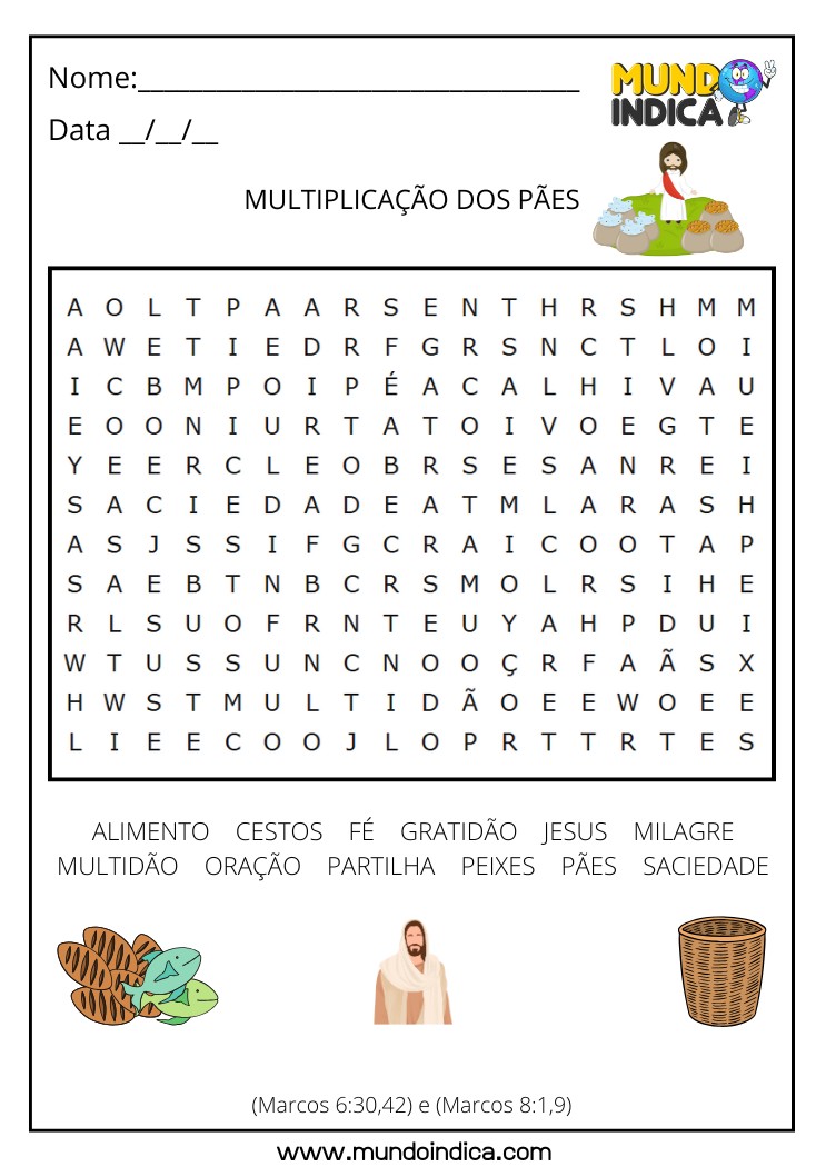 Caça-palavras Bíblico sobre a Multiplicação dos Pães para Imprimir