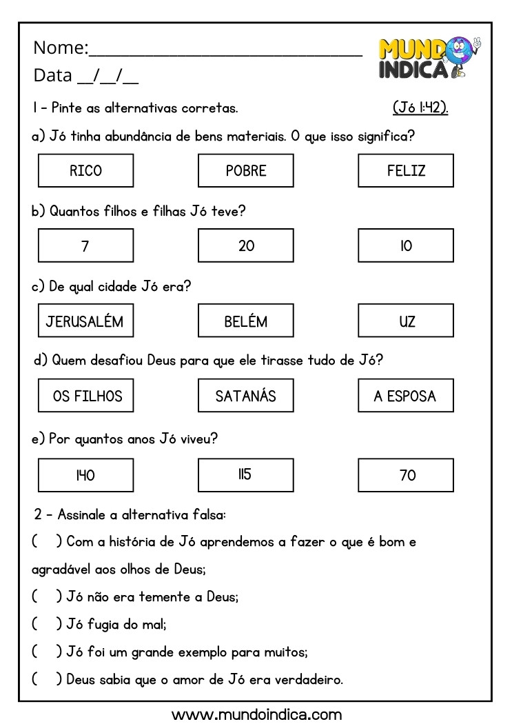 Folha de Atividades Bíblicas sobre Jó para Imprimir