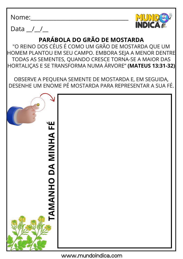 Atividade Bíblica com Desenho sobre a Parábola do Grão de Mostarda