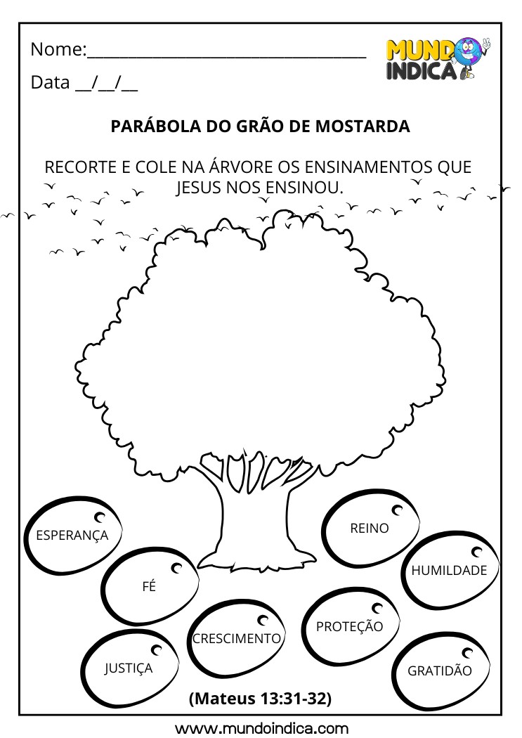 Atividade Bíblica com Recorte e Colagem sobre a Parábola do Grão de Mostarda