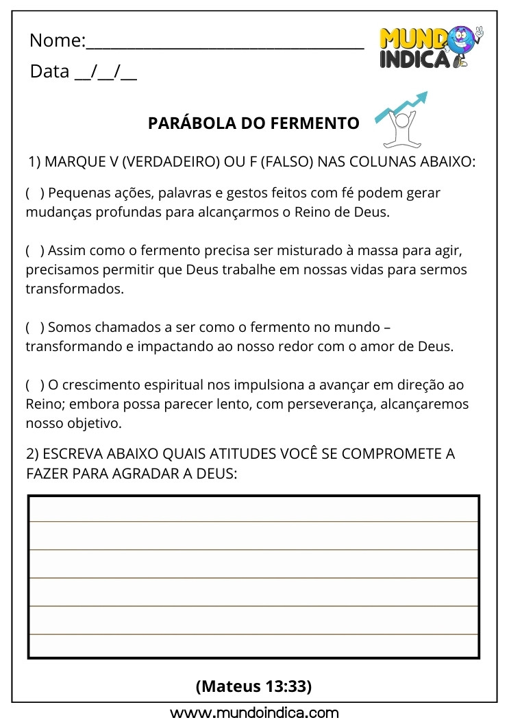 Atividade Bíblica sobre a Parábola do Fermento com Verdadeiro ou Falso