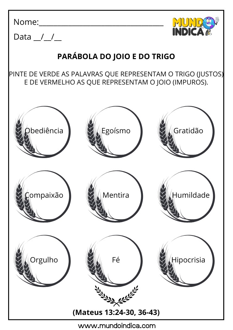 Atividade Bíblica sobre a Parábola do Joio e do Trigo