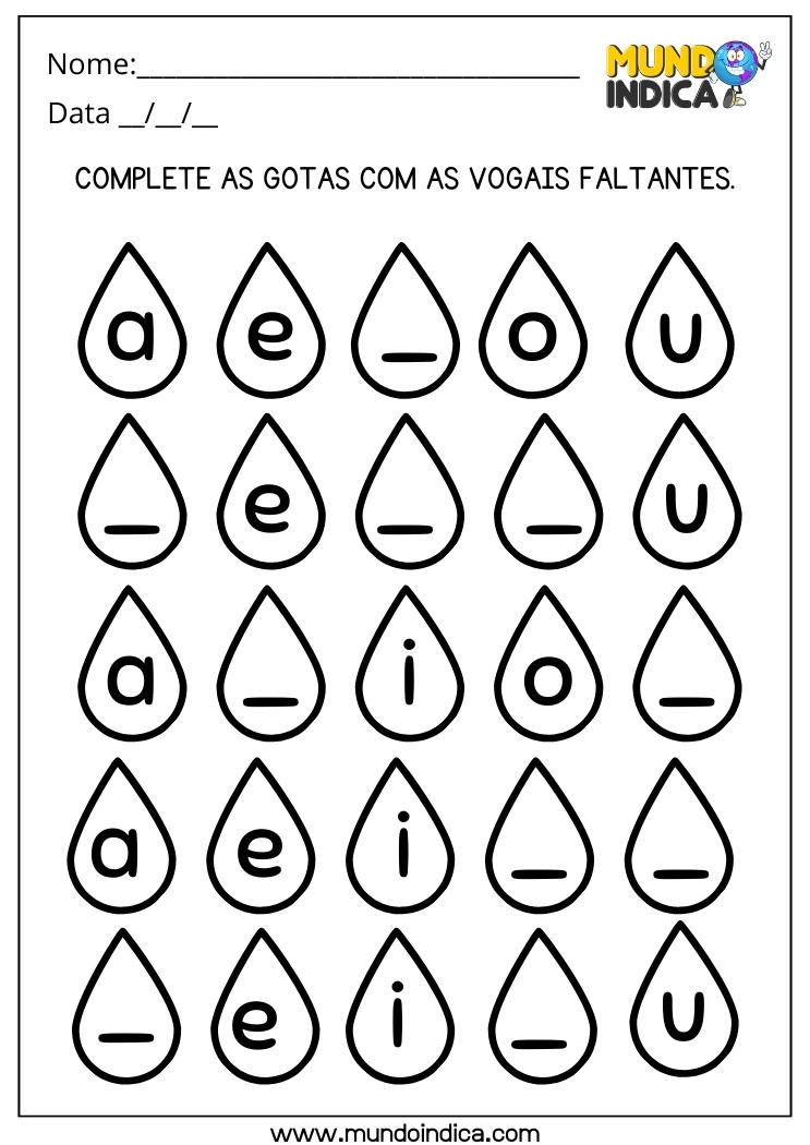 Atividade com Vogais nas Gotas Dagua para Educação Especial para Imprimir