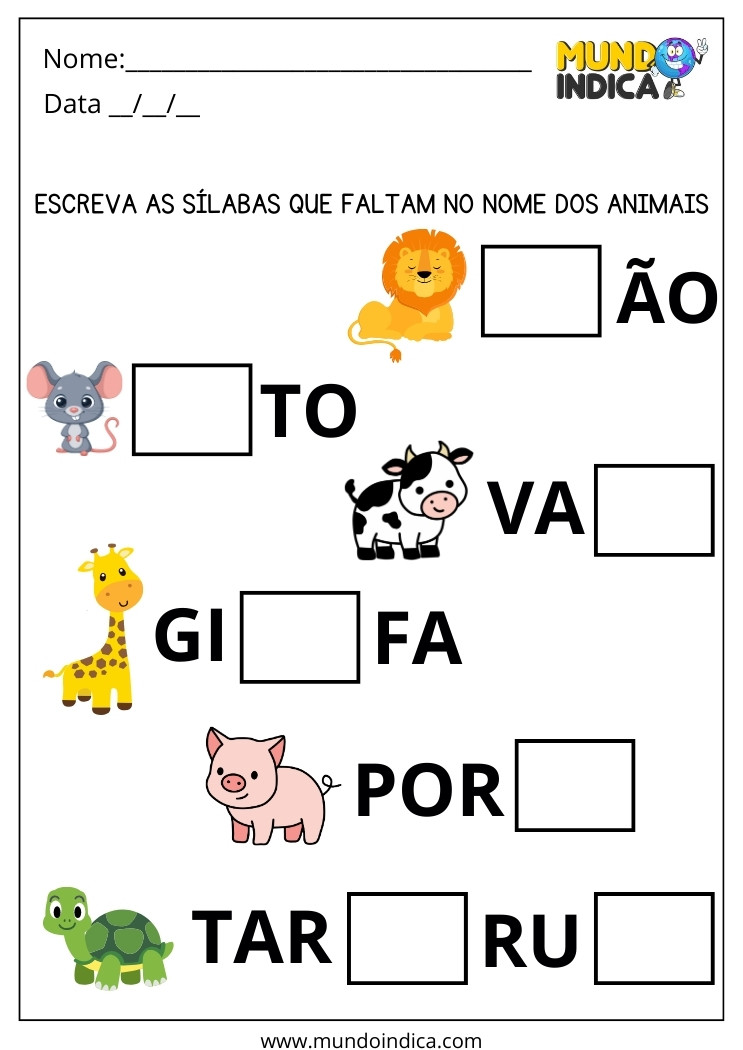 Atividade Escreva as Sílabas Iniciais que Faltam dos Animais para Alunos com Dislexia para imprimir