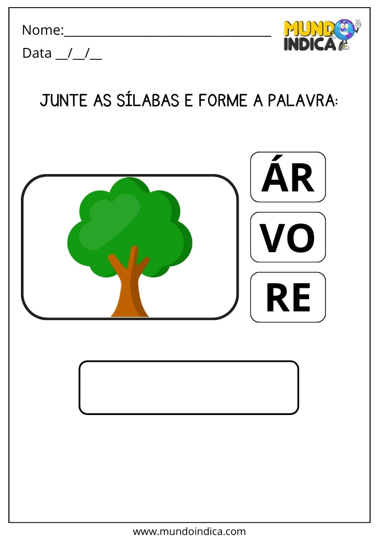 Atividade Junte as Sílabas e Forme a Palavra Árvore para Alunos com Dislexia para imprimir