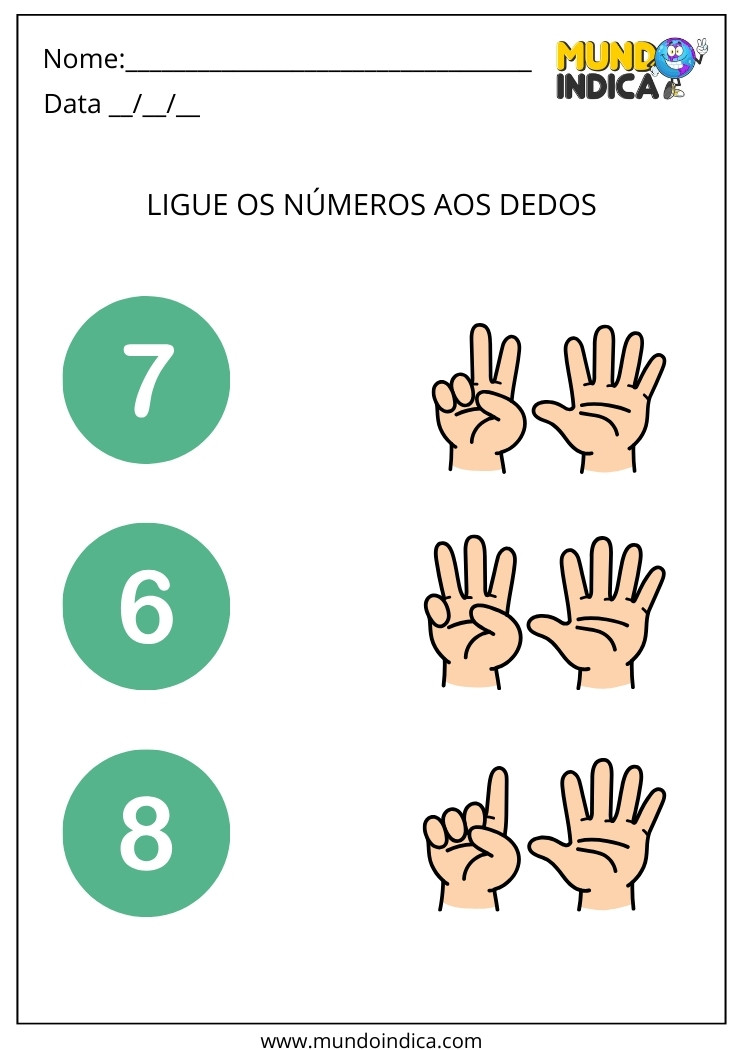 Atividade Ligue os Números aos Dedos para Alunos com Deficiência Intelectual para Imprimir