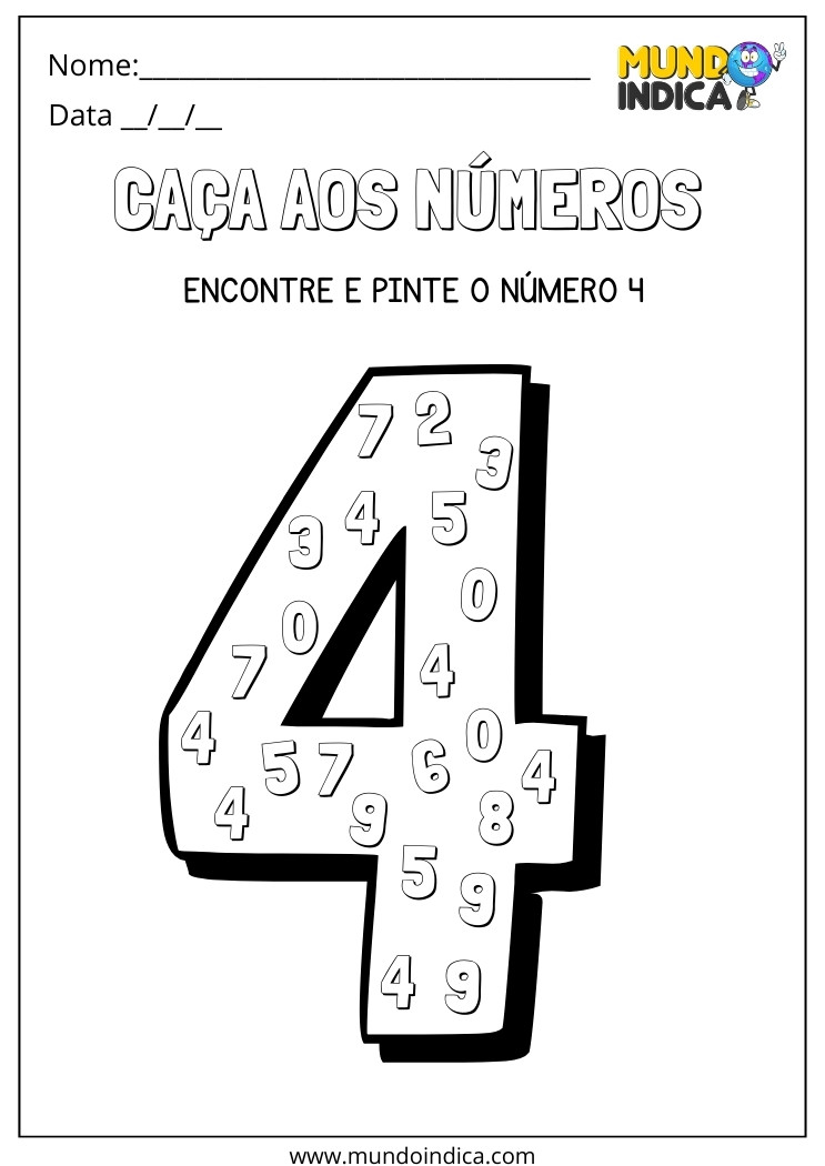 Atividade Lúdica de Caça ao Número 4 para Alunos com Deficiência Intelectual para Imprimir