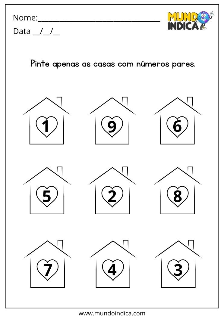 Atividade Pinte Apenas as Casas com Números Pares para Alunos com Deficiência Intelectual para Imprimir