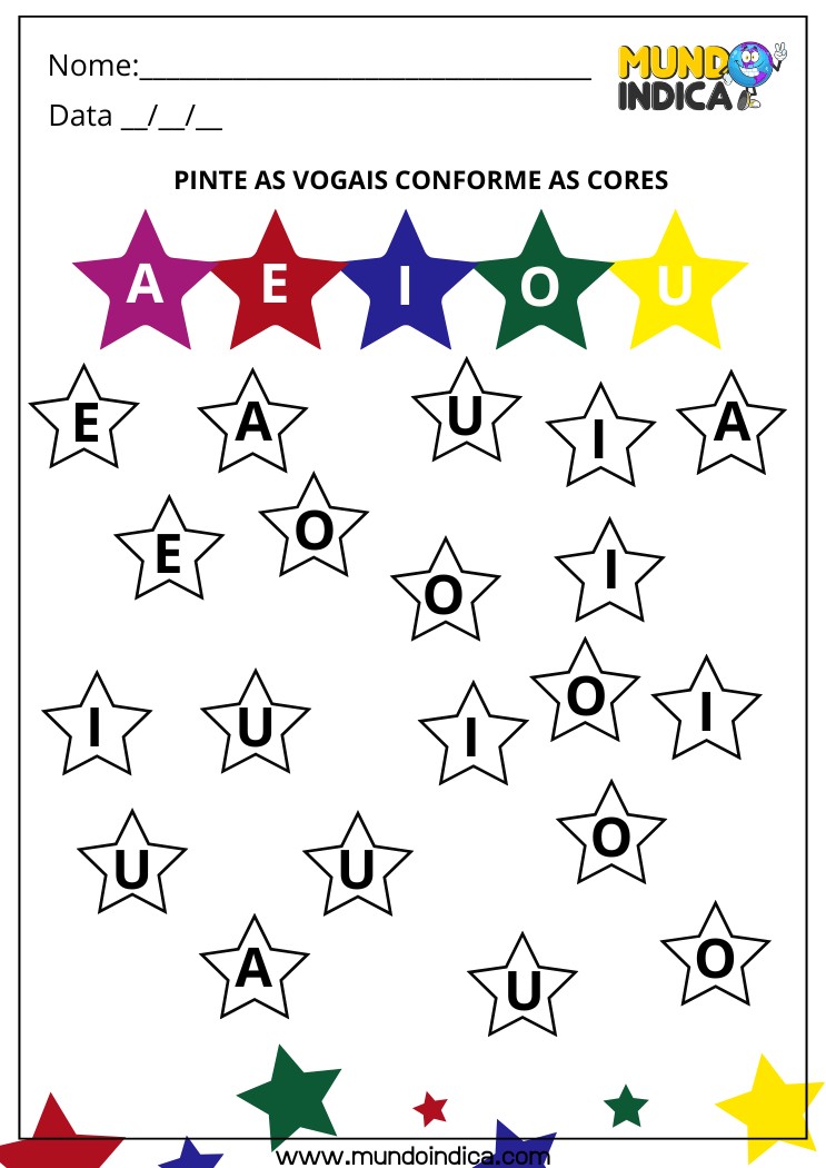 Atividade com Vogais nas Estrelas para Educação Especial para Imprimir