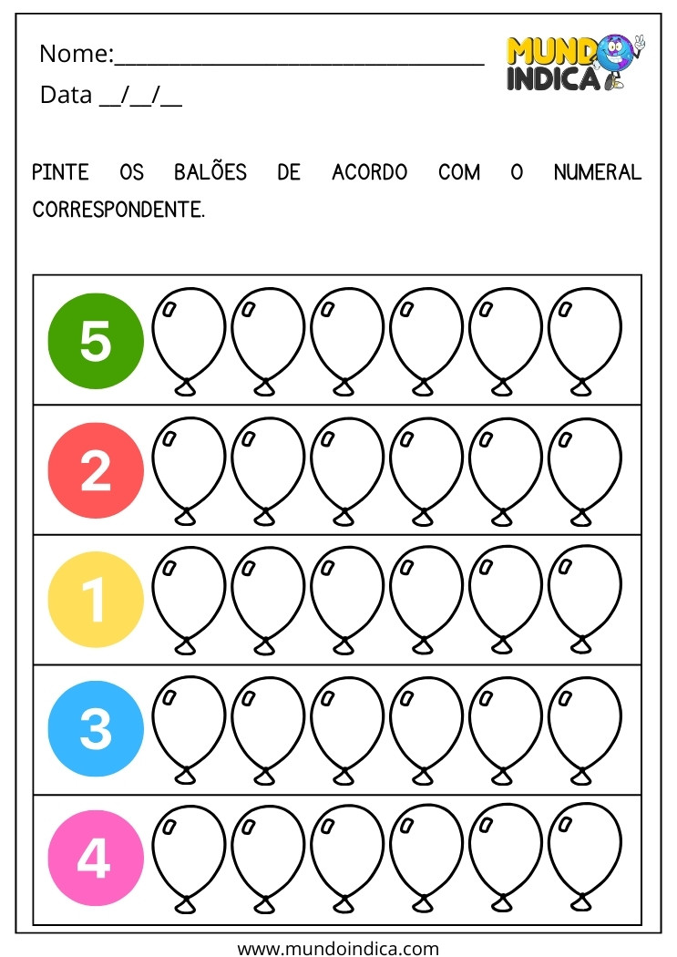 Atividade Pinte os Balões de Acordo com o Numeral Correspondente para Deficiência Intelectual para Imprimir