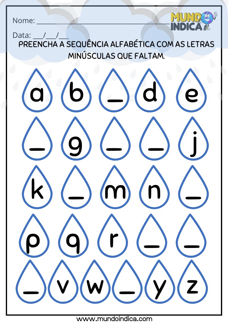 Atividade Preencha a Sequência Alfabética com Letras Minúsculas para Crianças com Síndrome de Down para Imprimir