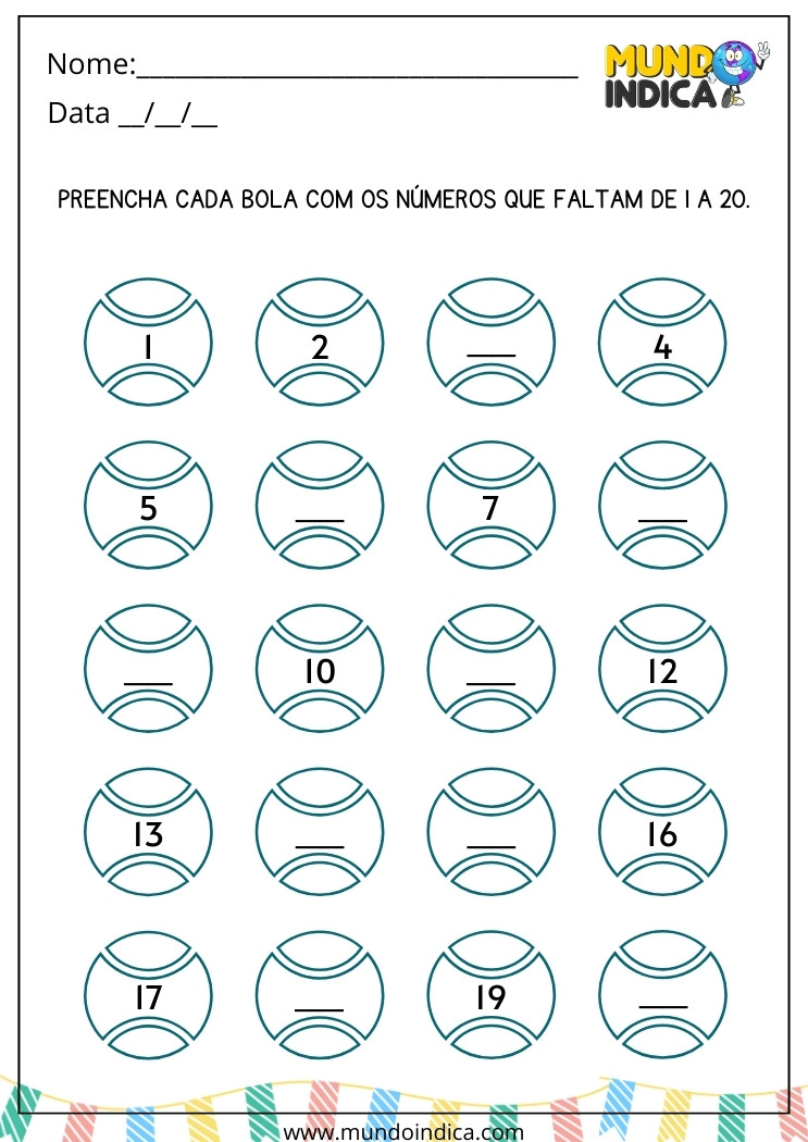 Atividade Preencha os Números que Faltam de 1 a 20 para Alunos com Deficiência Intelectual para Imprimir