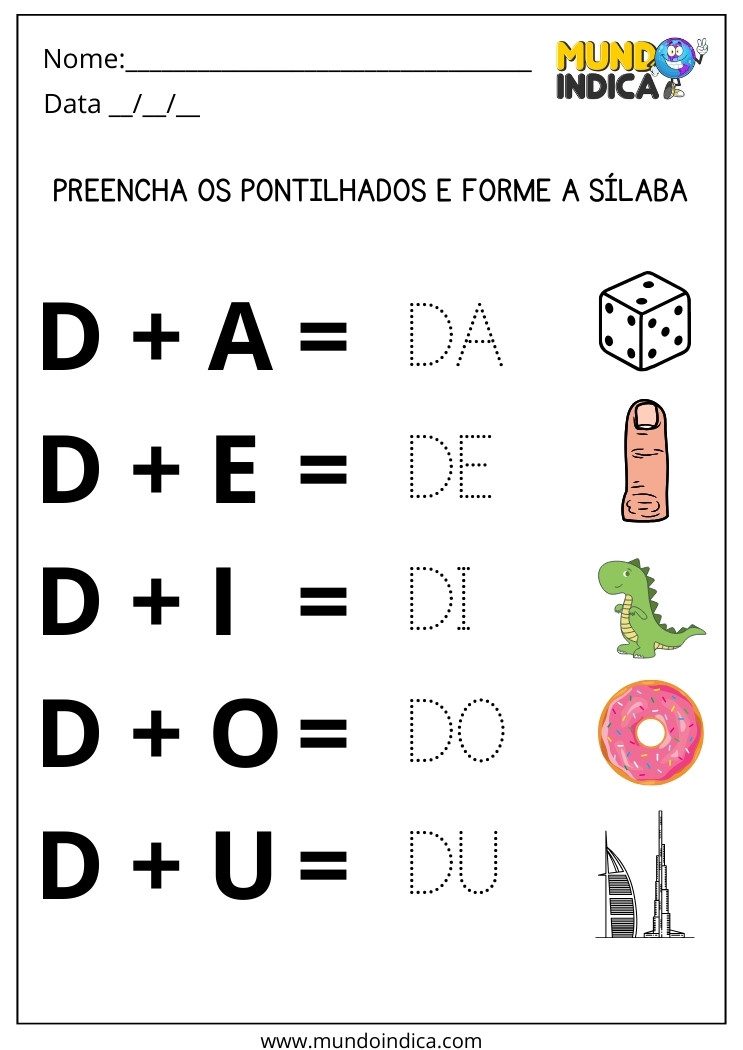 Atividade Preencha os Pontilhados e Forme Sílabas com a Letra D para Alunos com Dislexia para imprimir