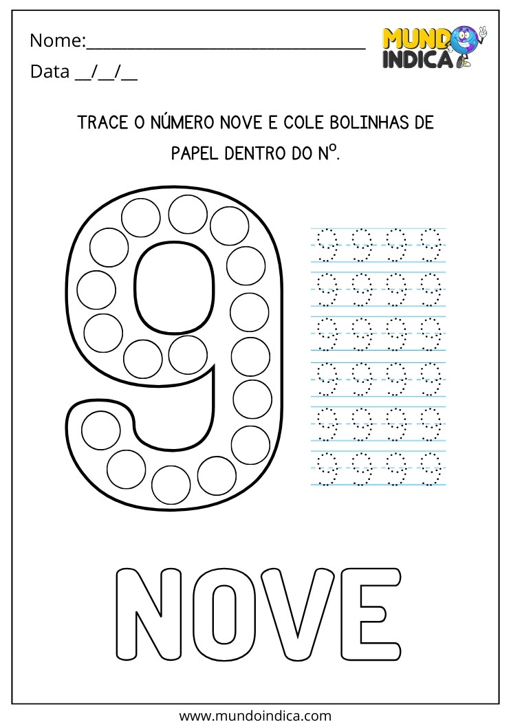 Atividade Trace o Número 9 e Cole Bolinhas de Papel nos Círculos para Alunos com Deficiência Intelectual para Imprimir