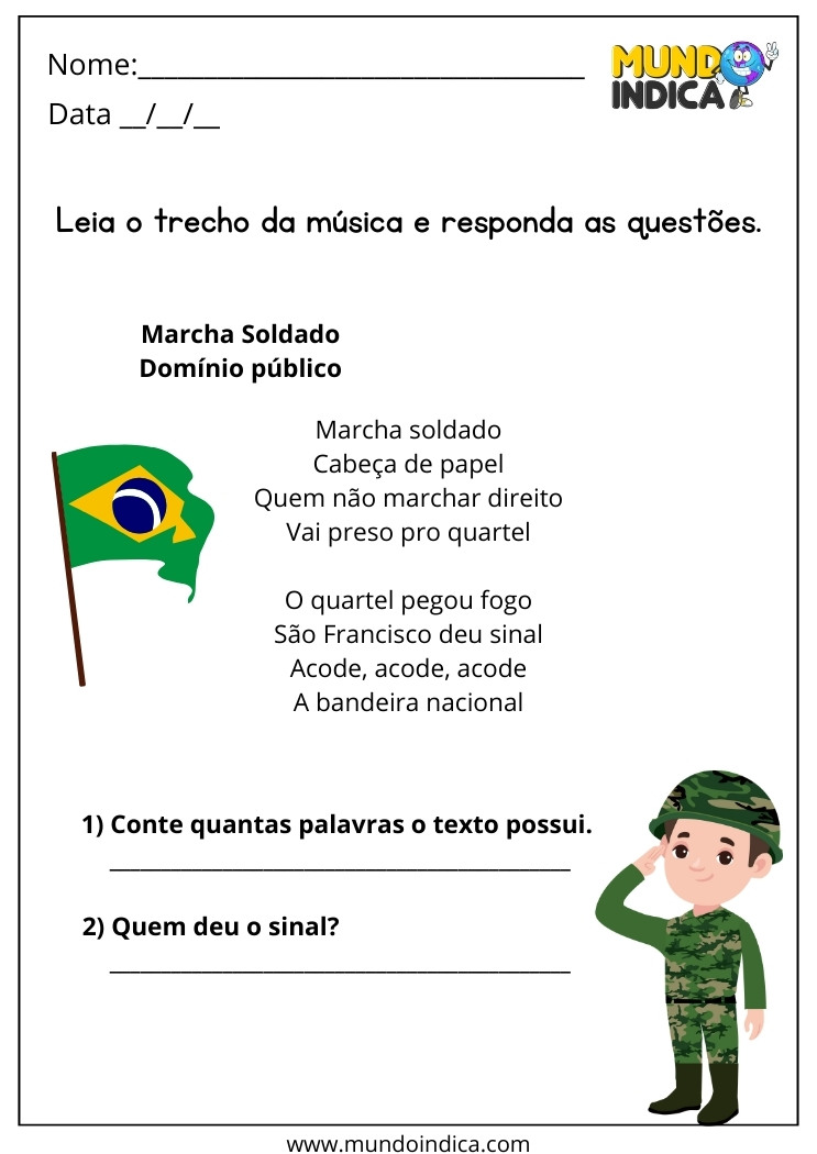 Atividade com Música Marcha Soldado para Alunos com TEA para Imprimir