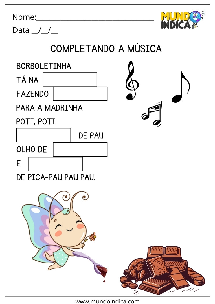 Atividade com Música da Borboletinha para Alunos com Autismo para Imprimir