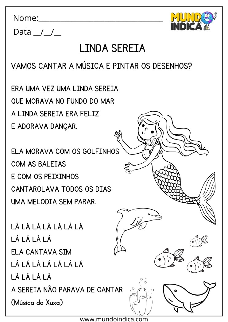 Atividade com Música da Linda Sereia para Alunos com Autismo para Imprimir