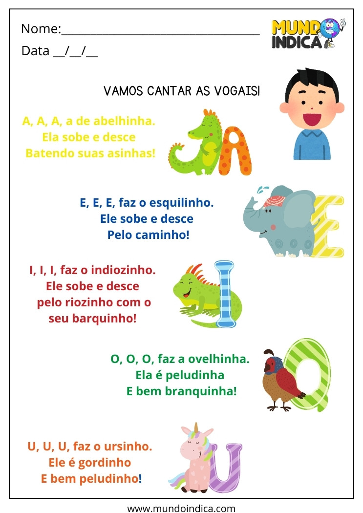 Atividade com Música das Vogais para Alunos com Autismo para Imprimir