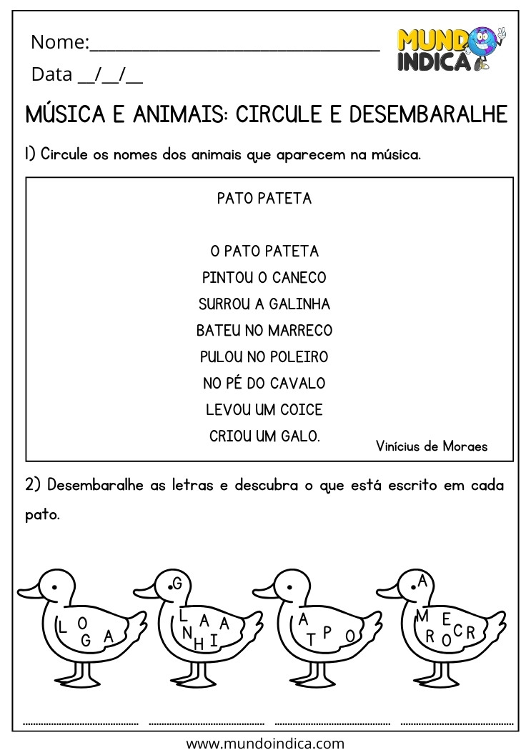 Atividade com Música do Pato Pateta para Autismo para Imprimir