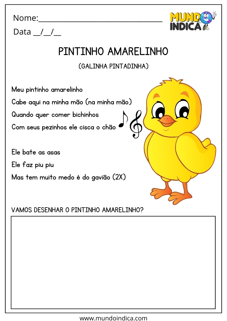 Atividade com Música do Pintinho Amarelinho com Desenho para Alunos com Autismo para Imprimir