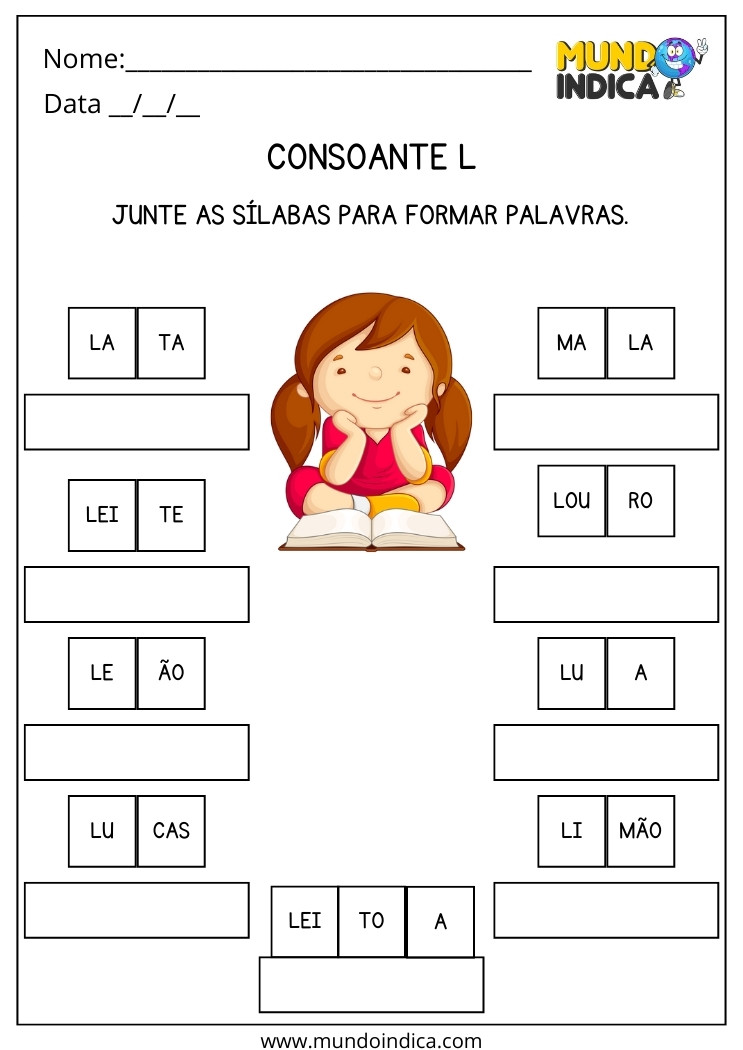 Atividade com Sílabas da Consoante L para Alunos com Dislexia para imprimir