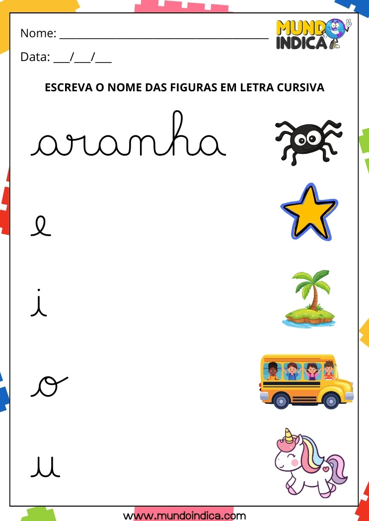 Atividade com Letra Cursiva de Figuras que se Iniciam com Vogais para Educação Especial para Imprimir