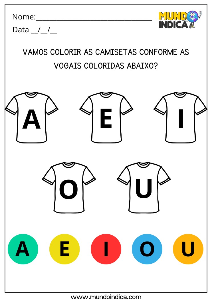 Atividade para Colorir as Camisetas Conforme as Vogais Coloridas para Educação Especial