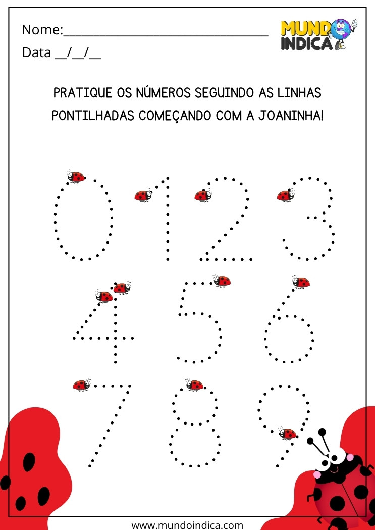 Atividade de Escrita dos Números Pontilhados de 0 a 9 para Alunos com Deficiência Intelectual para Imprimir