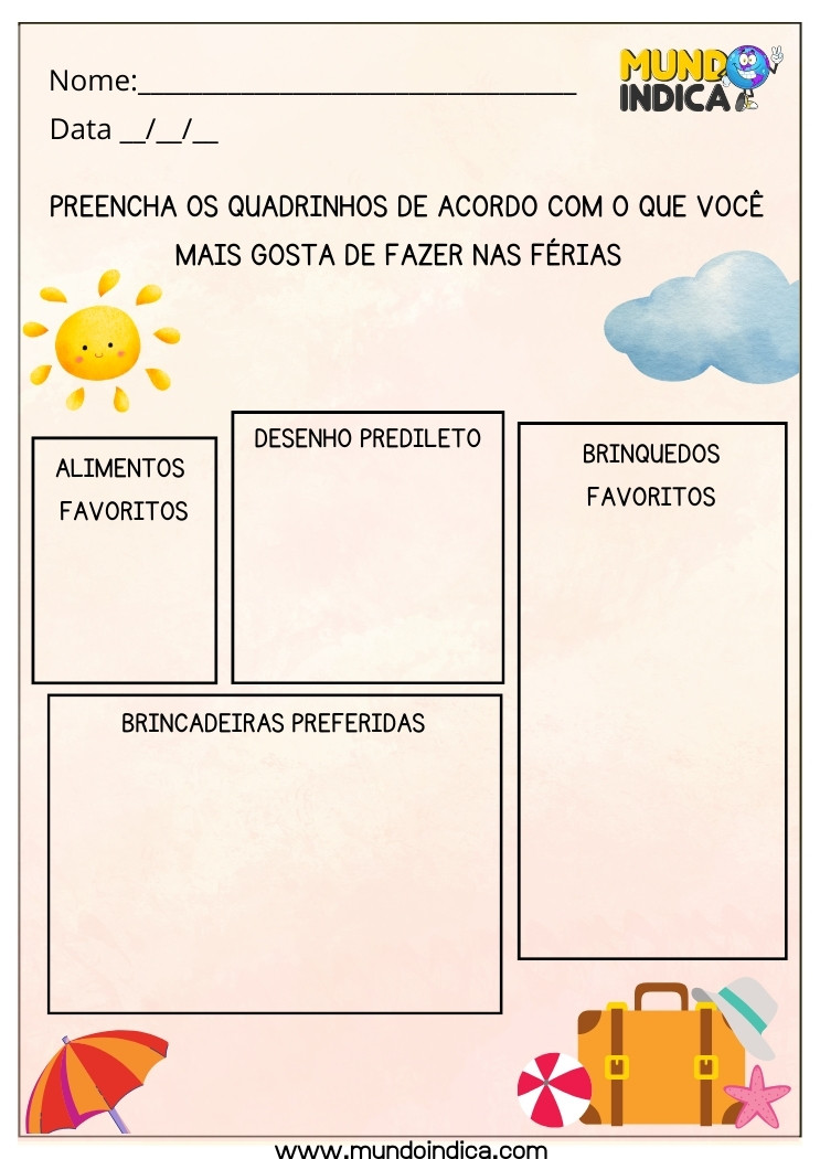 Atividade de Férias com Alimentos, Desenho, Brinquedos e Brincadeiras Favoritas para Educação Especial para Imprimir