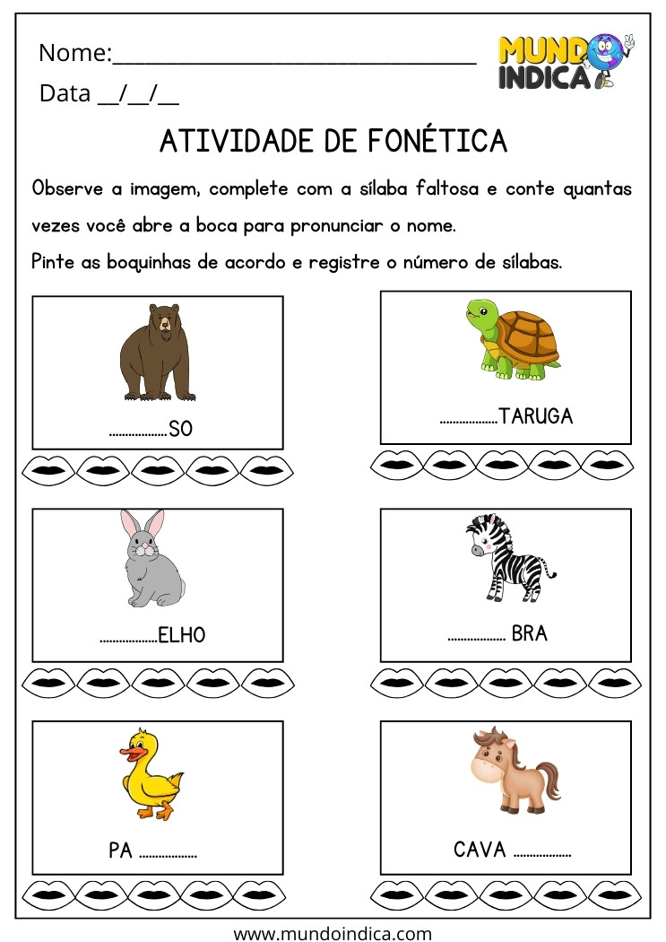 Atividade de Fonética para Alunos com Dislexia para imprimir