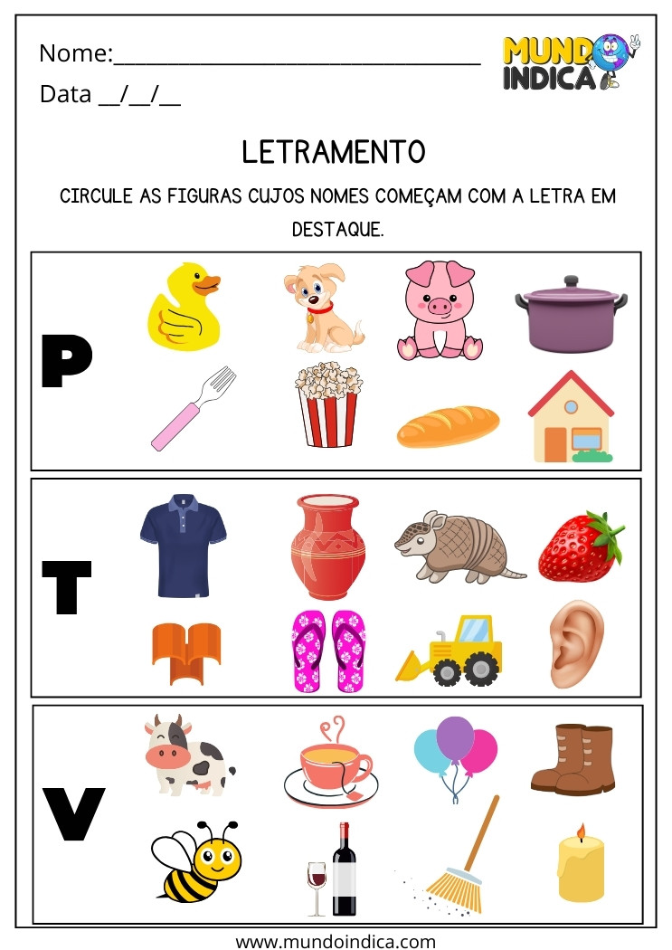 Atividade de Letramento para Alfabetização para Alunos com Autismo Circule as Figuras Cujos Nomes Começam com a Letra em Destaque para Imprimir