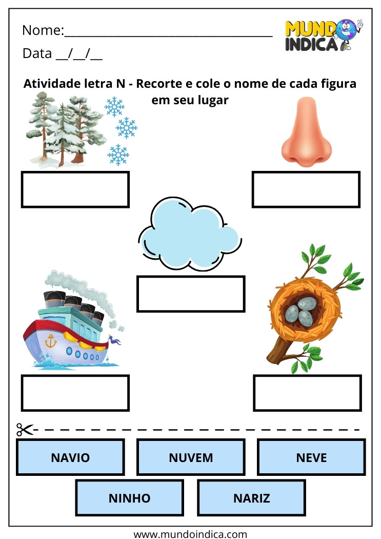 Atividade de Português Adaptada para Autismo com Recorte e Colagem dos Nomes Abaixo da Figura Correta que se Iniciam com a Letra N