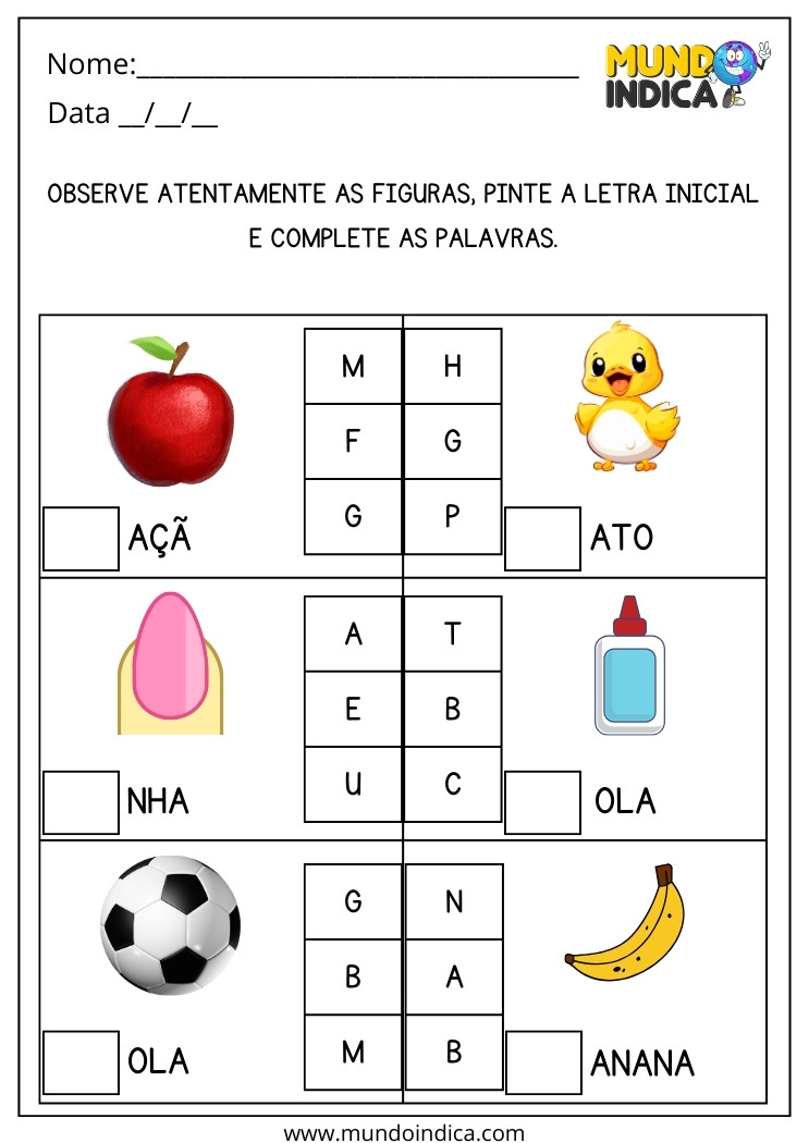 Atividade de Português Adaptada para TEA Complete as Palavras com a Primeira Letra para Imprimir