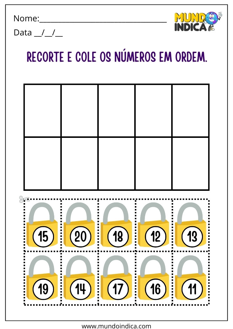 Atividade de Recorte e Colagem dos Números em Ordem para Alunos com Deficiência Intelectual para Imprimir