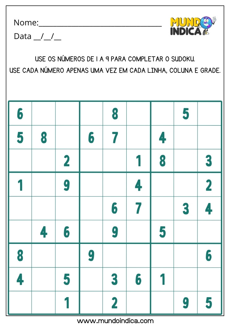 Atividade de Sudoku para Férias de Alunos com TDAH