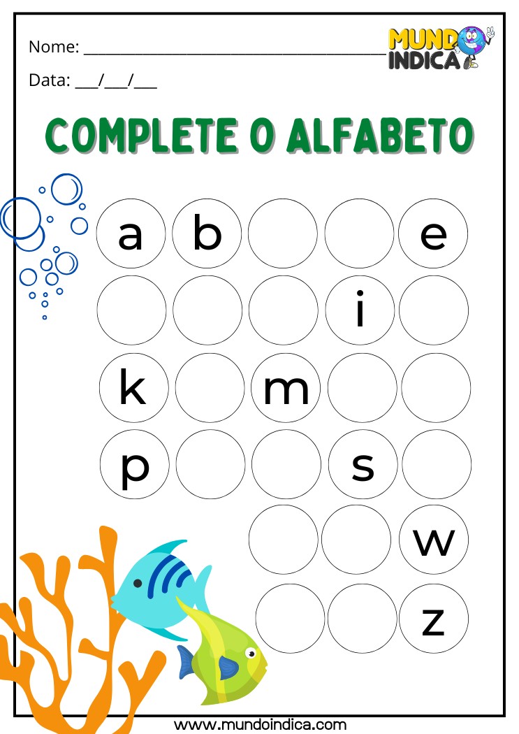 Atividade para Alunos com Síndrome de Down Complete o Alfabeto para Imprimir
