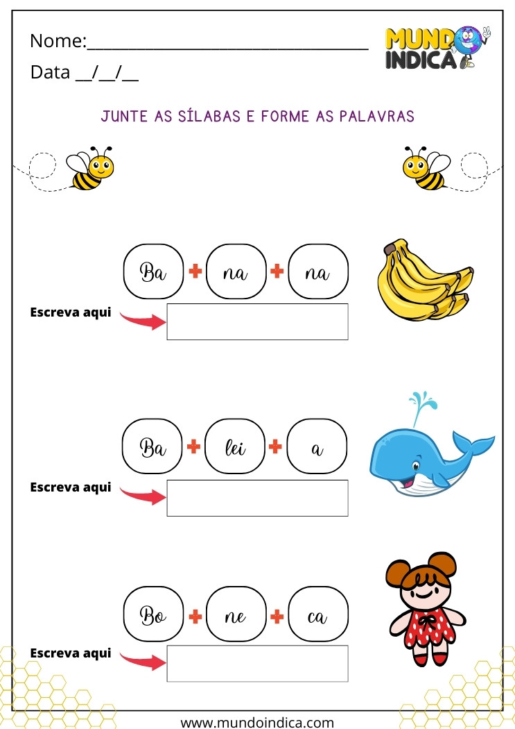 Atividade para Juntar as Sílabas e Formas Palavras para Alunos com Dislexia para imprimir