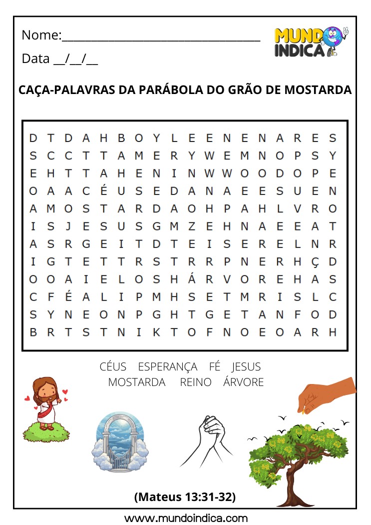 Caça-palavras Bíblico sobre a Parábola do Grão de Mostarda para Imprimir