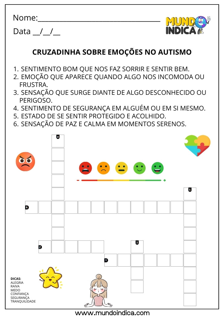 Cruzadinha sobre Emoções para Alunos com Autismo para Imprimir