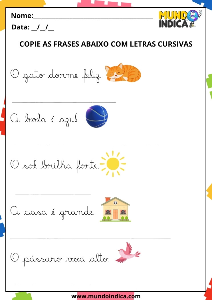 Atividade Copie as Frases com Letras Cursivas para Educação Infantil para Imprimir