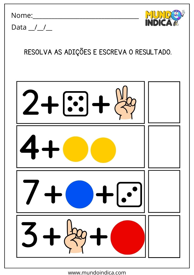 Atividade Lúdica de Matemática de Adição com Dedos, Dados, Cores e Números para Imprimir