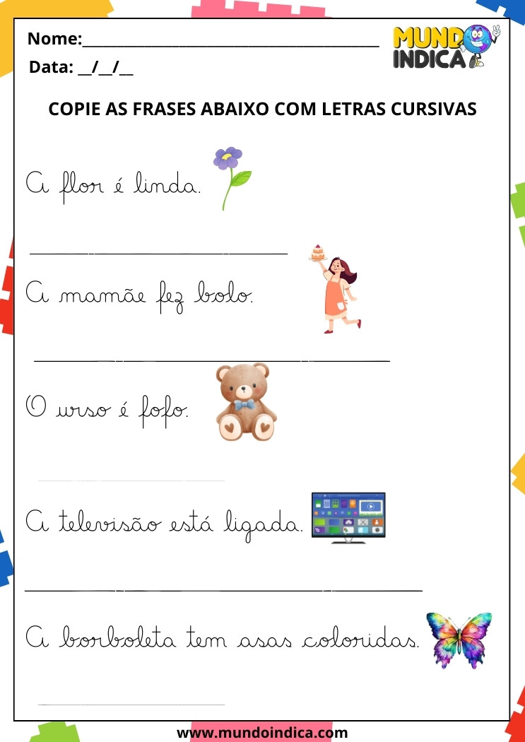 Atividade com Letras Cursivas para Educação Infantil Copie as Frases para Imprimir