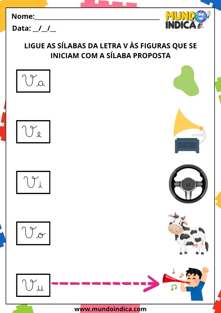 Atividade com Letras Cursivas para Educação Infantil Ligue as Sílabas da Letra V Às Figuras que se Iniciam com a Sílaba Proposta para Imprimir