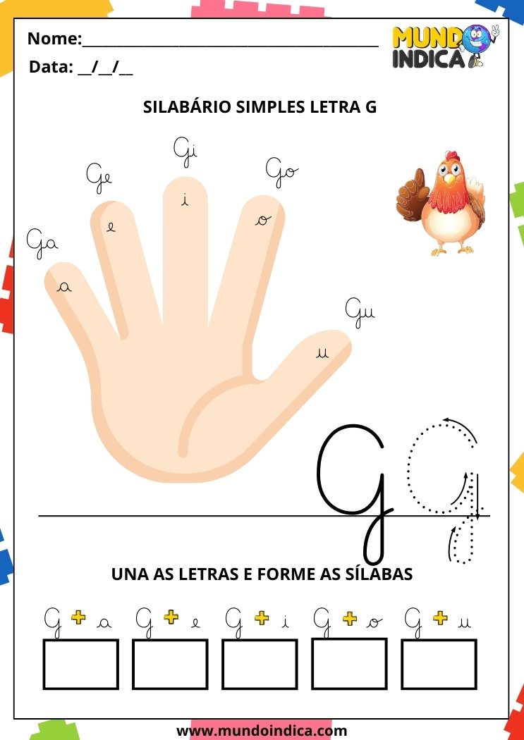 Atividade com Letras Cursivas para Educação Infantil Silabário Simples da Letra G para Imprimir