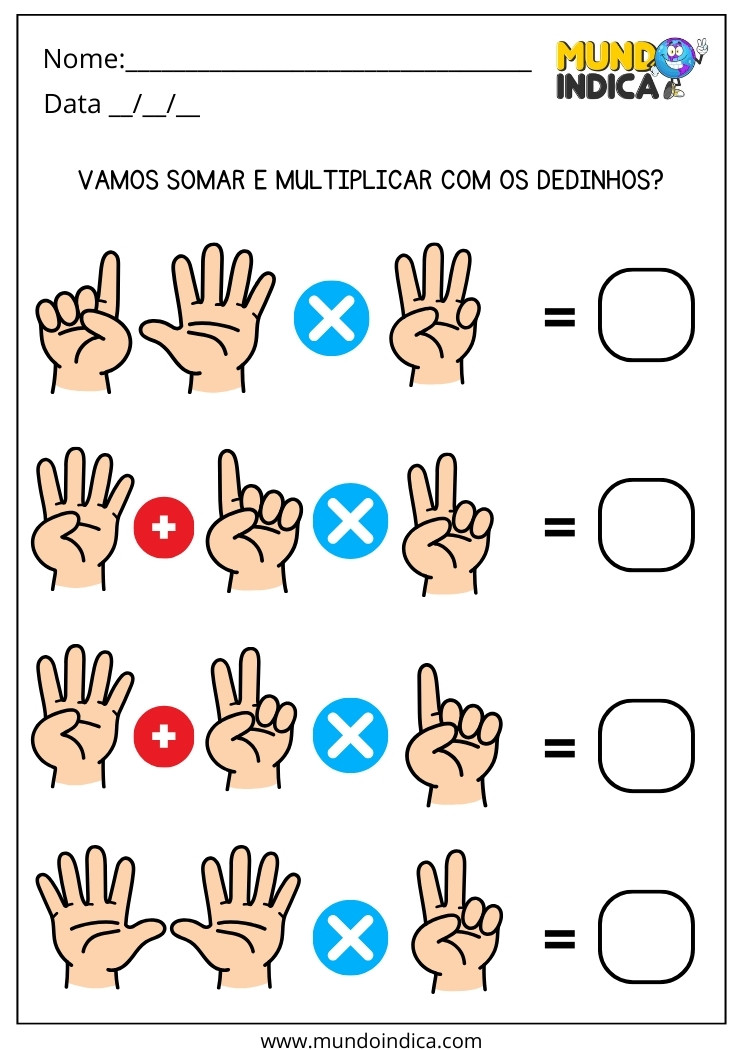 Atividade de Adição e Multiplicação com Dedinhos para Imprimir